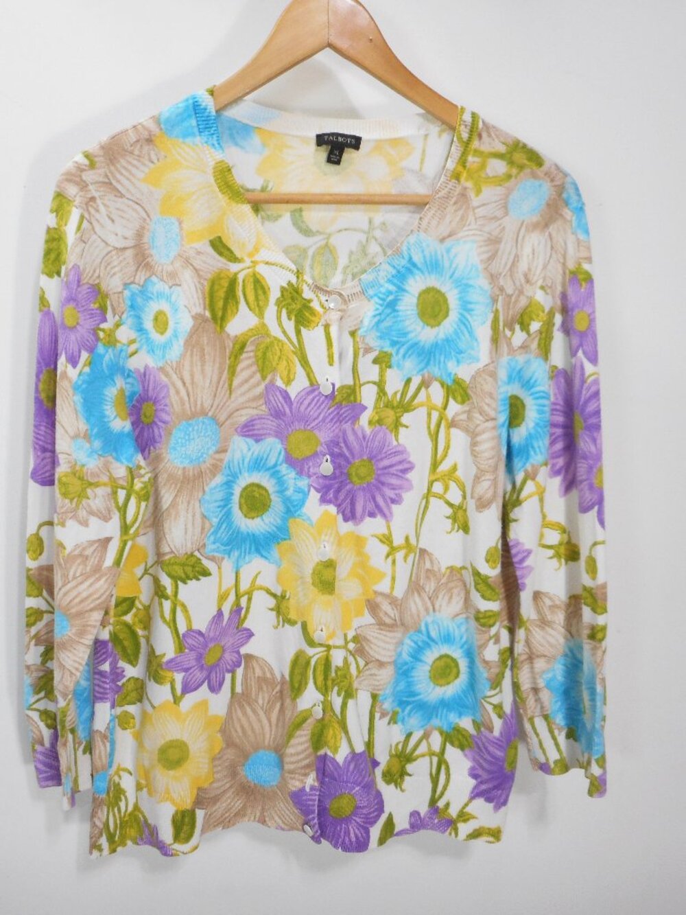 Talbots Women's size XL Cardigan Sweater Floral Multicolor Flowers Pastel Spring